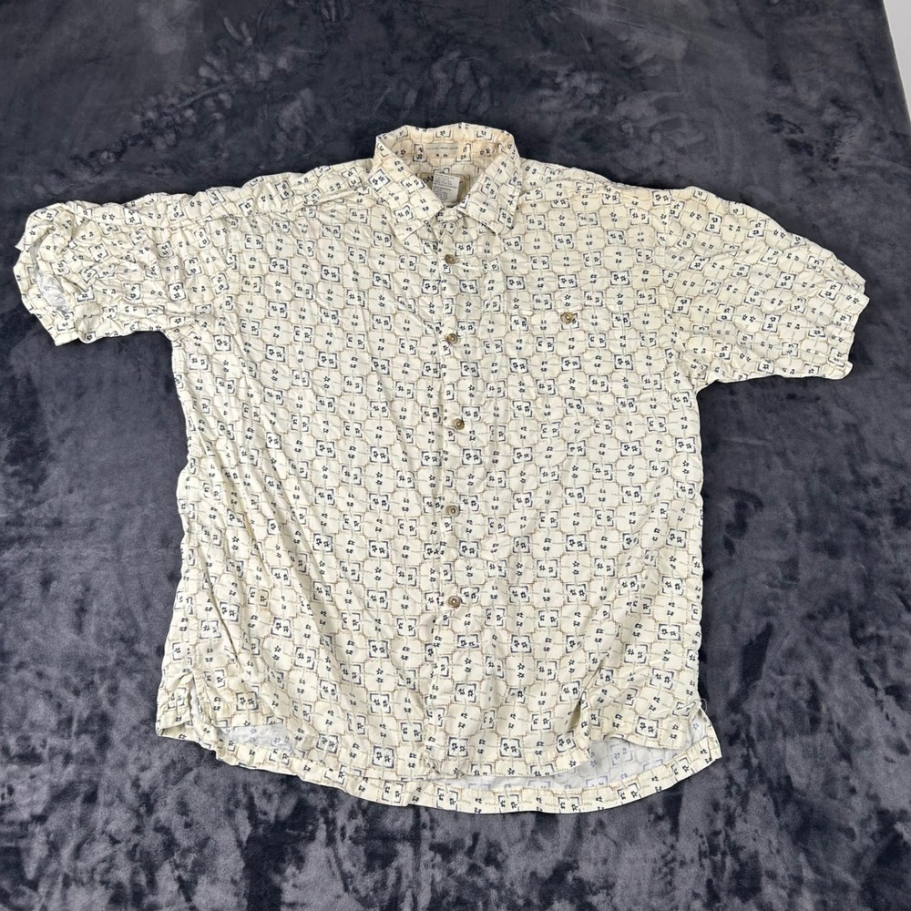 Bamboo Cay Button Down Shirt Mens L Cream Geometric Palm Tree Resortwear 4543